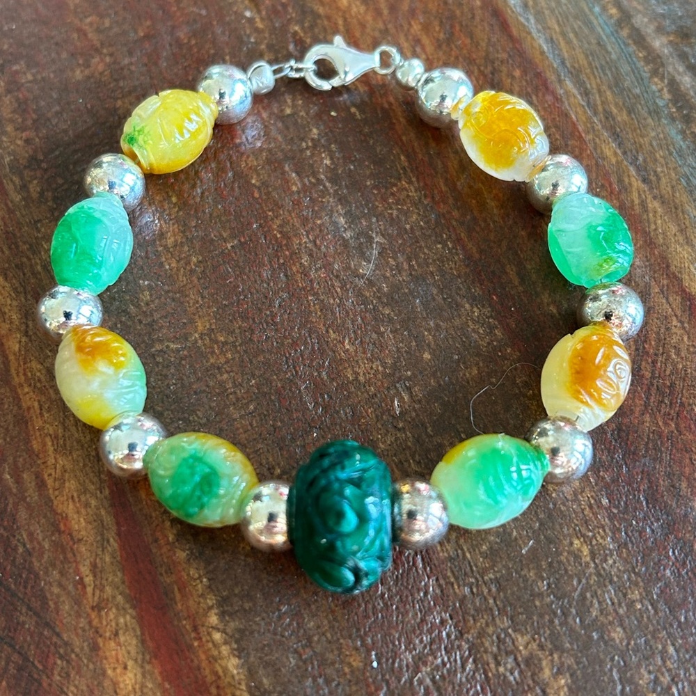 Genuine Carved Jade and Sterling Silver Bracelet 7.25 Inches